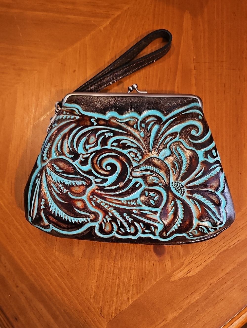 Patricia Nash Turquoise and Dark Brown Tooled Leather Wristlet Clutch Mint Condi